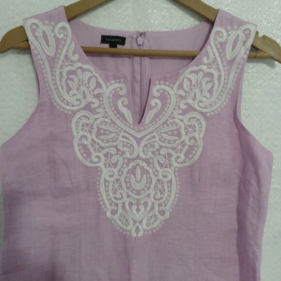 Talbots Size 8 Sleeveless Linen Cotton Sheath Dress Embroidered Neck Lavender - Picture 3 of 8